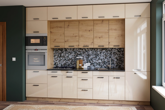 Кухня Марта лукс 3,2 м. - златен дъб / бежов гланц